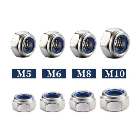 Top Shelf M6 X 1.0mm Nylon Insert Hex Lock Nuts 50 Piece Bulk With Rust Proof 304 Stainless Steel And Crisp Bright Finish image showing M5, M6, M8, M10 sizes.