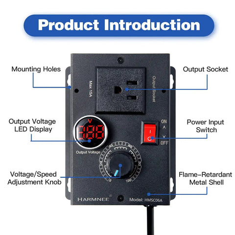 AC Motor Speed Controller 110-120V 10A Rated 15A Max with LED Display Black Matte Metal Shell Front View