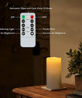 Remote and Weatherproof Outdoor Flameless LED Pillar Candle 4x8 inches, Dark Ivory, on wooden table with plant