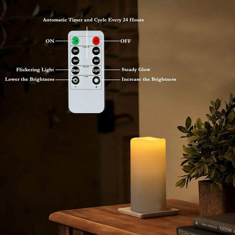 Remote and Weatherproof Outdoor Flameless LED Pillar Candle 4x8 inches, Dark Ivory, on wooden table with plant