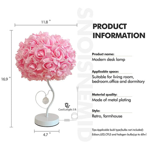 Red Rose Flower Desk Lamp With Lampshade For Nightstand Adds Cute Modern Vibe To Any Bedroom Minimalist Yet Cozy Decor Gift For Women And Girls Christmas Parties Weddings Date Night Home Office, pink rose-shaped shade, white base, dimension details.