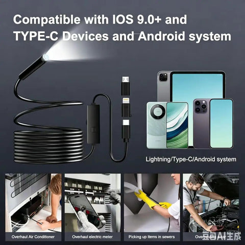 1920P Endoscope Camera With Light Waterproof For iOS And Android 2.0MP Borescope With 7.9mm Probe Flexible Cable HD Video And Still Images Sewer Inspection Tool For Home DIY And Auto Maintenance, compatible with iOS, Type-C and Android