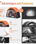 Image showing advantages and features of Upgraded Bike Tent With Rain Cover For Outdoor Storage Portable Bike Shed Fits 2 To 3 Bikes Heavy Duty 210D Oxford Fabric PU4000 Waterproof Leak Proof Shelter