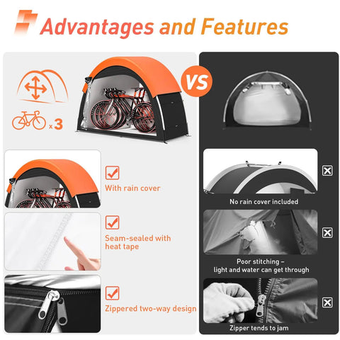 Image showing advantages and features of Upgraded Bike Tent With Rain Cover For Outdoor Storage Portable Bike Shed Fits 2 To 3 Bikes Heavy Duty 210D Oxford Fabric PU4000 Waterproof Leak Proof Shelter