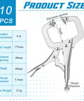 Diagram of Heavy Duty Locking C Clamp Set Ten Pieces Six Inch Vise Grip Welding Clamps with size specifications.