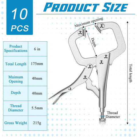 Diagram of Heavy Duty Locking C Clamp Set Ten Pieces Six Inch Vise Grip Welding Clamps with size specifications.