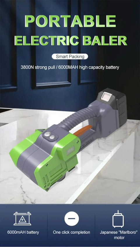Rock Solid Electric Strapping Machine With LCD Display Rechargeable Battery For Pet And Pp Tape Portable Automatic Pallet Packaging Tool on a marble surface.