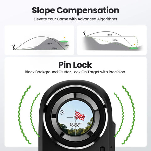 Golf Range Finder With Slope 1200 Yards Laser Distance Meter Pin Lock Vibration 7x Magnification Rechargeable display features