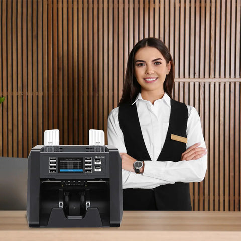N70A Money Counter Machine With 2CIS UV MG IR Counterfeit Detection beside smiling employee at office counter