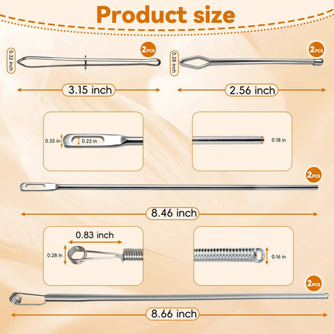 8 Piece Drawstring Threader Tool Set Stainless Steel 4 In 1 Kit showing sizes and shapes of threaders for bags and hoodies.