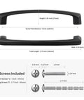 Diagram of Ten Pack 5 Inch 128mm Hole Center Matte Black Cabinet Pulls with screws, showing dimensions and included hardware.