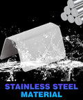 Front view of a stainless steel windshield rain deflector clip for glass channels