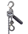 Jet 1/4-ton mini-puller lever hoist with 10 ft lift; gray metal housing, black handle, chain and hooks.