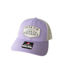 Over Par And Under The Influence Golf Trucker Hat For Women With Dimpled Ball Patch Purple Lilac Birch Color 6 Panel Structured