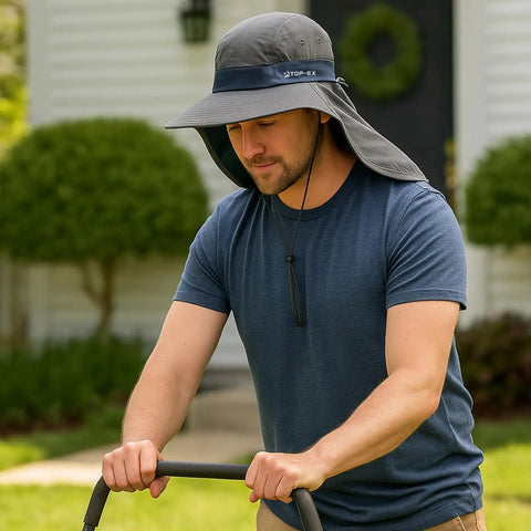 Man wearing Cooling Sun Hat With Neck Flap For Men And Women, Breathable Wide Brim, UV Protection, Instant Cooling Tech in khaki M/L