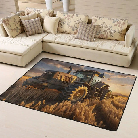 Soft Non Slip Farm Tractor Harvest Area Rug 63x48 Inches Machine Washable Low Pile Indoor Carpet in living room setting