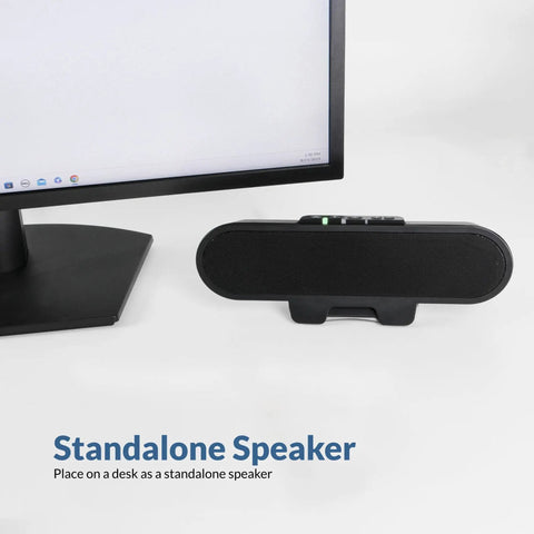 USB And Bluetooth Speaker Bar For PC With Built-In Speakerphone, Clamps To Monitors Up To 2 Inch Thick, on desk.