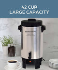 42-Cup Coffee Urn With Automatic Temperature Control, Quick One Cup Per Minute Brew, Easy Cleanup, Silver Server on counter