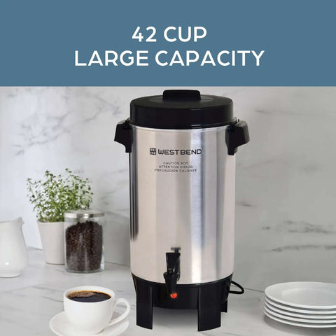 42-Cup Coffee Urn With Automatic Temperature Control, Quick One Cup Per Minute Brew, Easy Cleanup, Silver Server on counter