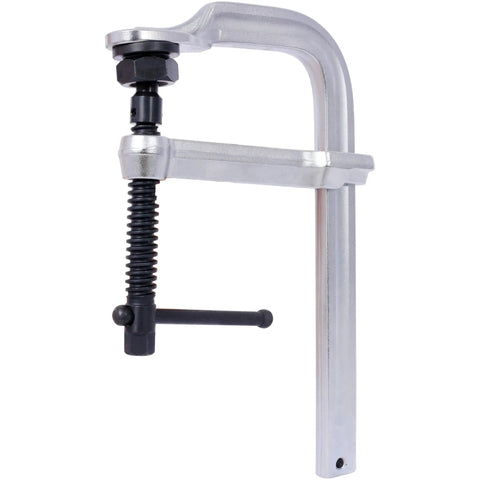 Heavy Duty F Clamp With Removable Swivel Pads And Deep 8 Inch Jaw For Serious Welding And Woodworking Projects That Need Real Grit And Grip To Hold Things Tight, close-up of forged steel arm