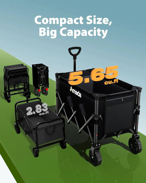 Collapsible Wagon Cart Foldable Lightweight Utility Cart With Wheels For Grocery Camping Beach And Outdoor Sports 360 Lbs Max Load And 160L Capacity shown in expanded and folded states.
