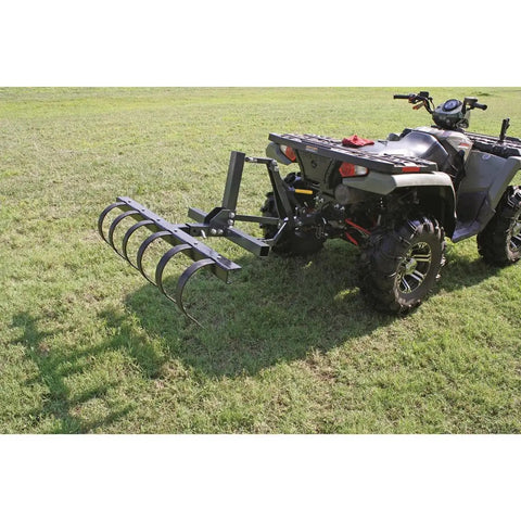Heavy Duty Tine Plow Attachment For ATV UTV Or Truck 51 Inch Wide Landscape Rake With 6 Beveled Spring Steel Tines in use