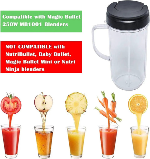 Two Pack Tall 22 Ounce Blender Cups With Flip Top To Go Lid For Smoothies And Shakes, Dishwasher Safe Mug With Handle, Replacement Parts, MB1001 250W Compatible shown with juices and fruits