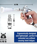 Tornado Nozzle Air Blow Gun For Car Detailing And Home Cleaning, ergonomic lightweight design with hand grip and measurements shown.
