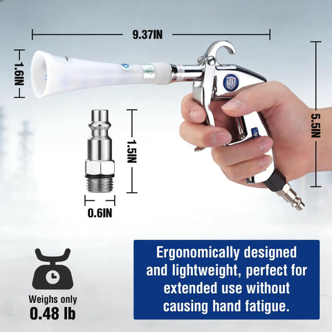 Tornado Nozzle Air Blow Gun For Car Detailing And Home Cleaning, ergonomic lightweight design with hand grip and measurements shown.