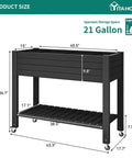 Elevated Garden Bed With Wheels And Storage Shelf For Outdoor Use Plastic Planter Box With Drain Plug Central Divider And Water Level Float System For Precise Moisture Control For Plants Vegetables Flowers And Herbs Black, side view showing dimensions and storage shelf.