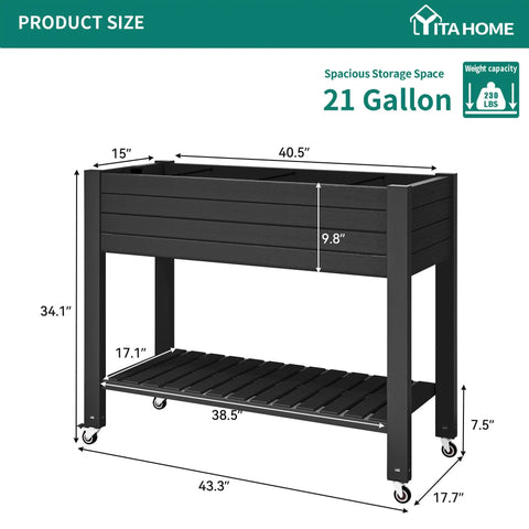 Elevated Garden Bed With Wheels And Storage Shelf For Outdoor Use Plastic Planter Box With Drain Plug Central Divider And Water Level Float System For Precise Moisture Control For Plants Vegetables Flowers And Herbs Black, side view showing dimensions and storage shelf.