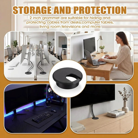 10 Pack Black Desk Cable Grommets for Easy Wire Management, Plastic Hole Covers in various desk views, 1.5 Inch Size.