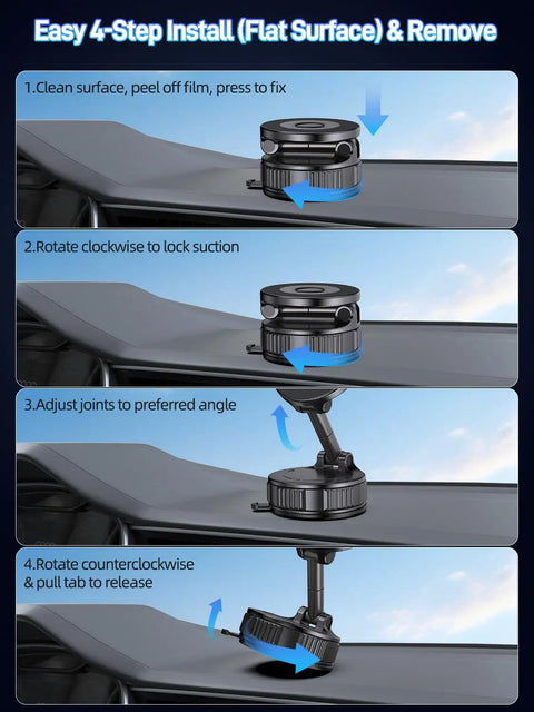 Four-step guide to installing Rock Solid Vacuum Lock 60 Plus Lbs Suction Car Phone Mount With 2800gf Magnetic Grip on flat surfaces.