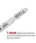 T-Shank design jigsaw blade from Pro Grade 25 Piece T Shank Jigsaw Blades With Heavy Duty Storage Case for cutting stability.