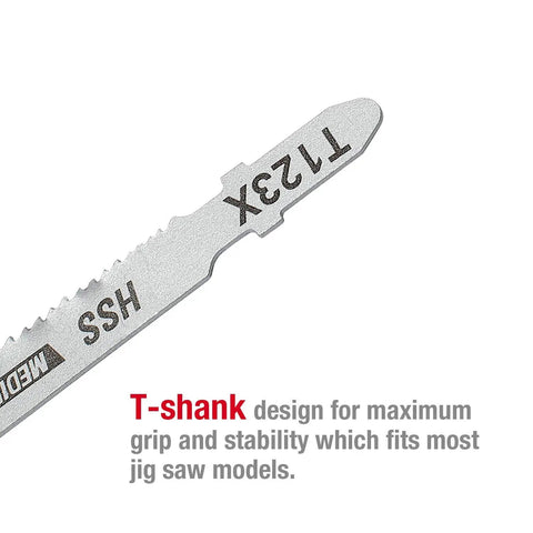 T-Shank design jigsaw blade from Pro Grade 25 Piece T Shank Jigsaw Blades With Heavy Duty Storage Case for cutting stability.