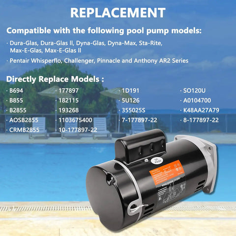 No Sweat Heavy Duty Dual Voltage Pool Pump Motor 2HP B2855 Replacement 56Y Frame Square Flange, visible model compatibility.