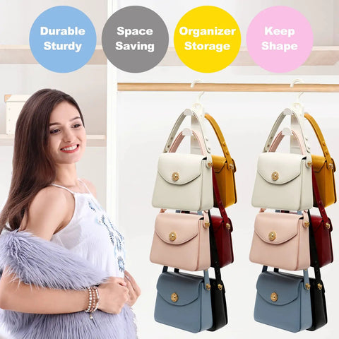 Two Pack Purse Organizer Hanger For Closet Storage with purses displayed on hangers for easy organization