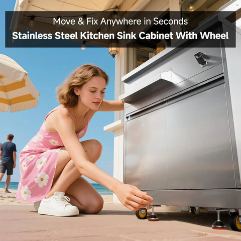 Woman adjusting Stainless Steel Outdoor Kitchen Sink With Faucet Kit Hose Hookups Single Bowl Storage Brakes On Wheels Spice Rack All Weather Use Built To Last For RV Yard Garage Restaurants on patio