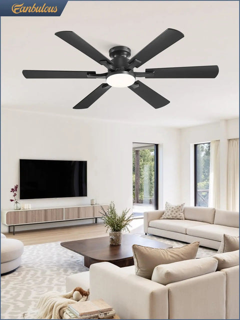 52 Inch Ceiling Fan With Lights, App And Remote, Flush Mount Low Profile Black Ceiling Fan in modern living room