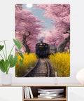 Vintage Steam Train Tin Plaque Sign 12X16 Inch With Cherry Blossom Tunnel And Yellow Wildflowers, Metal Wall Decor