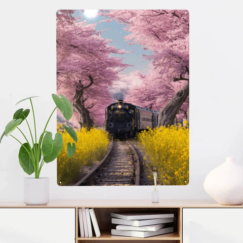 Vintage Steam Train Tin Plaque Sign 12X16 Inch With Cherry Blossom Tunnel And Yellow Wildflowers, Metal Wall Decor