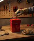 Heavy Duty Industrial Lockout Lock Box Featuring Grab And Go Group Safety Stash For Tags And Hasps Secure On Site Padlock Storage in a workshop.