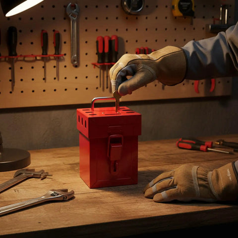 Heavy Duty Industrial Lockout Lock Box Featuring Grab And Go Group Safety Stash For Tags And Hasps Secure On Site Padlock Storage in a workshop.