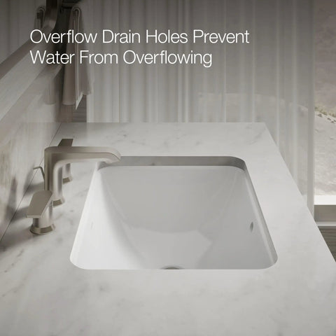 Roomy Rectangular Undermount Bathroom Sink With Overflow Drain Crafted From Hella Durable Vitreous China For An Easy Vanity Setup Bringing Straight Up White Finish and Overflow drain holes visible.