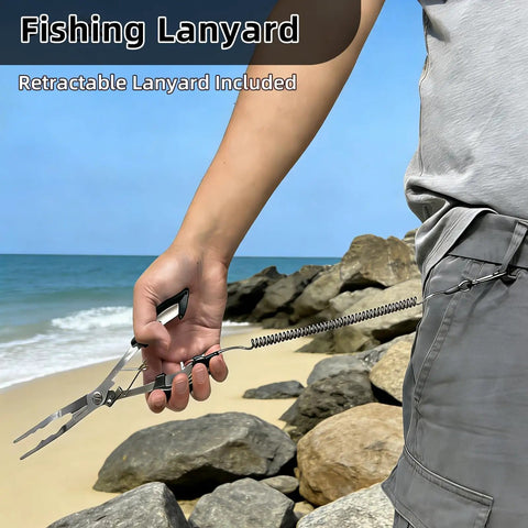 Angler holding 8.4 Inch Fishing Pliers With Safety Lock And Anti Loss Rope For Anglers on rocky shore