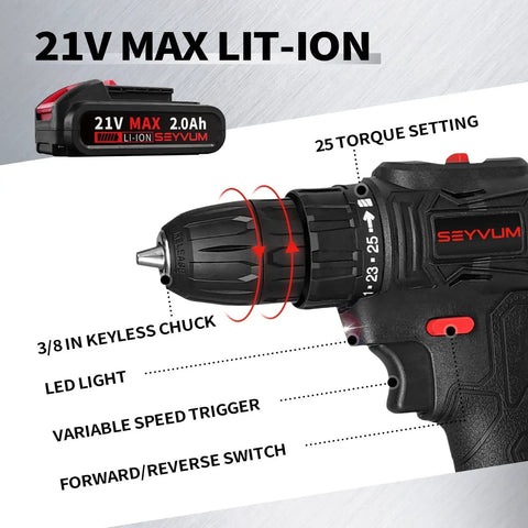 Close-up of 21V Cordless Drill Kit With Brushless Motor, Compact Grip, and Quick Charger detailing features.