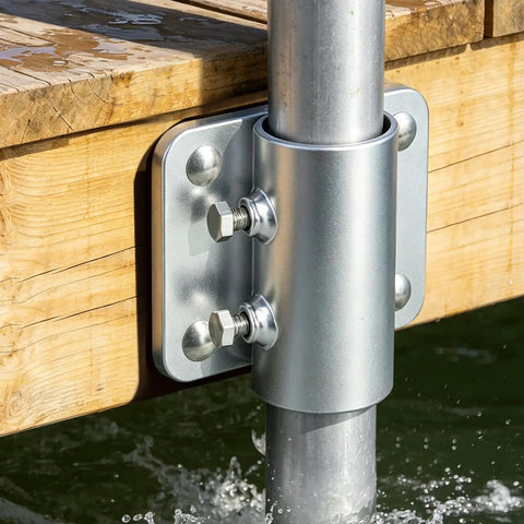 Two-Pack Heavy Duty Galvanized Dock Pipe Holders For 1-7/8 Inch Pipe With All Hardware Bolts Included Marine Grade Rustproof Brackets For Floating Dock Post Support mounted on a wooden dock post