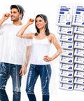 Two adults wearing One Size Clear Hooded Disposable Rain Ponchos For Adults Bulk Pack and stacked packaged ponchos