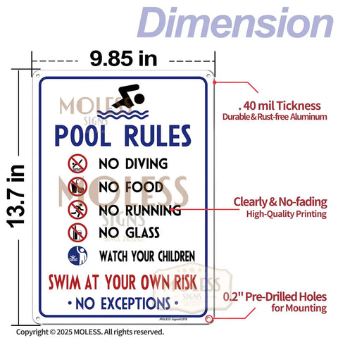 Two Pack Outdoor Pool Rules Signs 14x10 Inches Durable Aluminum Weatherproof And UV Protected Easy Mount For Pool Safety No Diving Watch Your Children Swim At Your Own Risk For Fences Or Decks.
