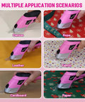 Cordless Electric Scissors For Cardboard And Fabric With Two Blade Types, showing multiple applications like leather, fabric, and cardboard.